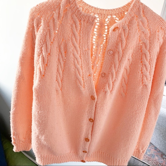 Vintage peach cable knit grandma cardigan sweater - Picture 2 of 7